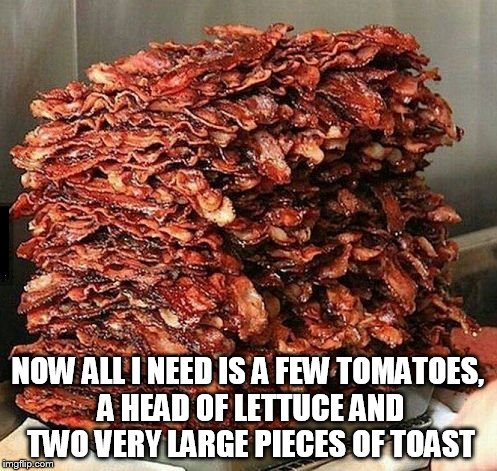 Bacon | NOW ALL I NEED IS A FEW TOMATOES, A HEAD OF LETTUCE AND TWO VERY LARGE PIECES OF TOAST | image tagged in bacon | made w/ Imgflip meme maker