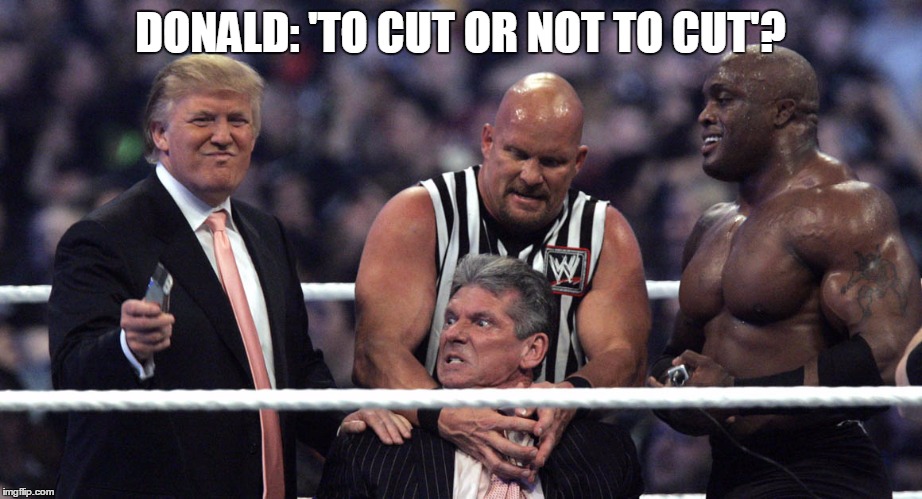 DONALD: 'TO CUT OR NOT TO CUT'? | image tagged in e4 mafia biz cuts | made w/ Imgflip meme maker