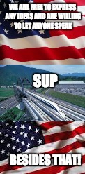 Ban on Immigration & Liberalism already taking place! | WE ARE FREE TO EXPRESS ANY IDEAS AND ARE WILLING TO LET ANYONE SPEAK; SUP; BESIDES THAT! | image tagged in american flag,maglev | made w/ Imgflip meme maker
