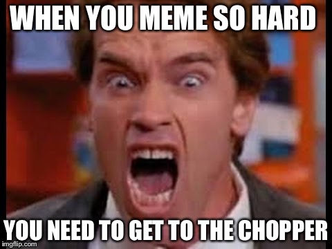 WHEN YOU MEME SO HARD; YOU NEED TO GET TO THE CHOPPER | image tagged in arnold schwarzenegger | made w/ Imgflip meme maker