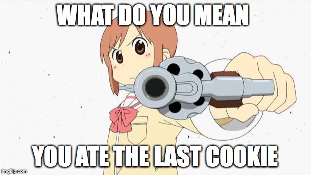 Anime gun point | WHAT DO YOU MEAN; YOU ATE THE LAST COOKIE | image tagged in anime gun point | made w/ Imgflip meme maker