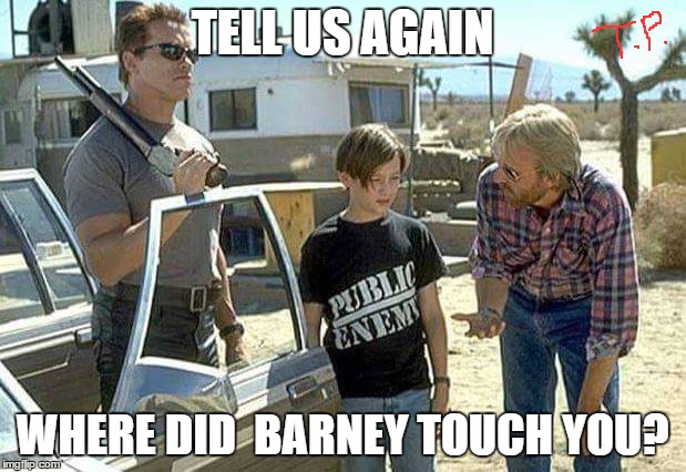 Barney,touch | TELL US AGAIN; WHERE DID  BARNEY TOUCH YOU? | image tagged in original meme,barney,sexual,funny,meme,funny meme | made w/ Imgflip meme maker
