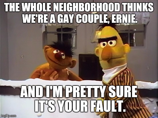 THE WHOLE NEIGHBORHOOD THINKS WE'RE A GAY COUPLE, ERNIE. AND I'M PRETTY SURE IT'S YOUR FAULT. | made w/ Imgflip meme maker