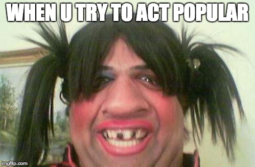ugly woman with pigtails | WHEN U TRY TO ACT POPULAR | image tagged in ugly woman with pigtails | made w/ Imgflip meme maker