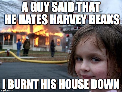 Disaster Girl | A GUY SAID THAT HE HATES HARVEY BEAKS; I BURNT HIS HOUSE DOWN | image tagged in memes,disaster girl | made w/ Imgflip meme maker