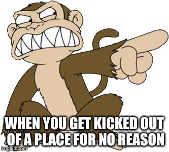 Family guy evil monkey | WHEN YOU GET KICKED OUT OF A PLACE FOR NO REASON | image tagged in family guy evil monkey | made w/ Imgflip meme maker