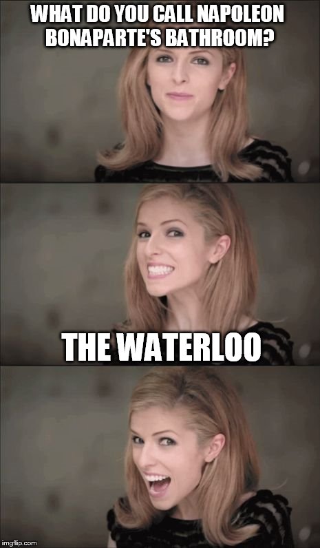 Bad Pun Anna Kendrick | WHAT DO YOU CALL NAPOLEON BONAPARTE'S BATHROOM? THE WATERLOO | image tagged in memes,bad pun anna kendrick | made w/ Imgflip meme maker