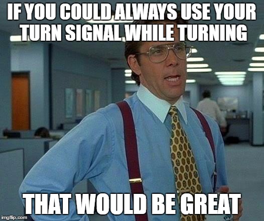 I HATE STUPID DRIVERS | IF YOU COULD ALWAYS USE YOUR TURN SIGNAL WHILE TURNING; THAT WOULD BE GREAT | image tagged in memes,that would be great,driving,signal,turning | made w/ Imgflip meme maker