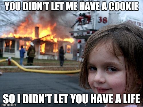 Disaster Girl | YOU DIDN'T LET ME HAVE A COOKIE; SO I DIDN'T LET YOU HAVE A LIFE | image tagged in memes,disaster girl | made w/ Imgflip meme maker