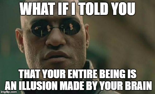 Matrix Morpheus | WHAT IF I TOLD YOU; THAT YOUR ENTIRE BEING IS AN ILLUSION MADE BY YOUR BRAIN | image tagged in memes,matrix morpheus | made w/ Imgflip meme maker