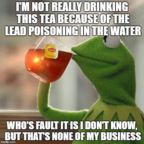 But That's None Of My Business Meme | I'M NOT REALLY DRINKING THIS TEA BECAUSE OF THE LEAD POISONING IN THE WATER; WHO'S FAULT IT IS I DON'T KNOW, BUT THAT'S NONE OF MY BUSINESS | image tagged in memes,but thats none of my business,kermit the frog | made w/ Imgflip meme maker