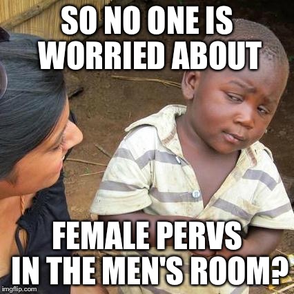 Third World Skeptical Kid Meme | SO NO ONE IS WORRIED ABOUT FEMALE PERVS IN THE MEN'S ROOM? | image tagged in memes,third world skeptical kid | made w/ Imgflip meme maker