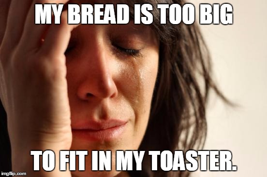 First World Problems | MY BREAD IS TOO BIG; TO FIT IN MY TOASTER. | image tagged in memes,first world problems,AdviceAnimals | made w/ Imgflip meme maker