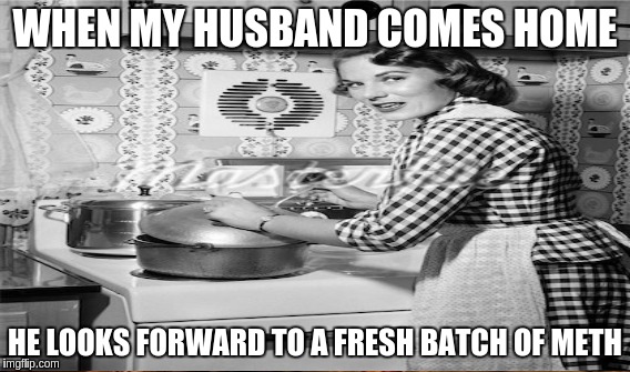 Mrs. Heisenberg's cook book | WHEN MY HUSBAND COMES HOME; HE LOOKS FORWARD TO A FRESH BATCH OF METH | image tagged in memes | made w/ Imgflip meme maker