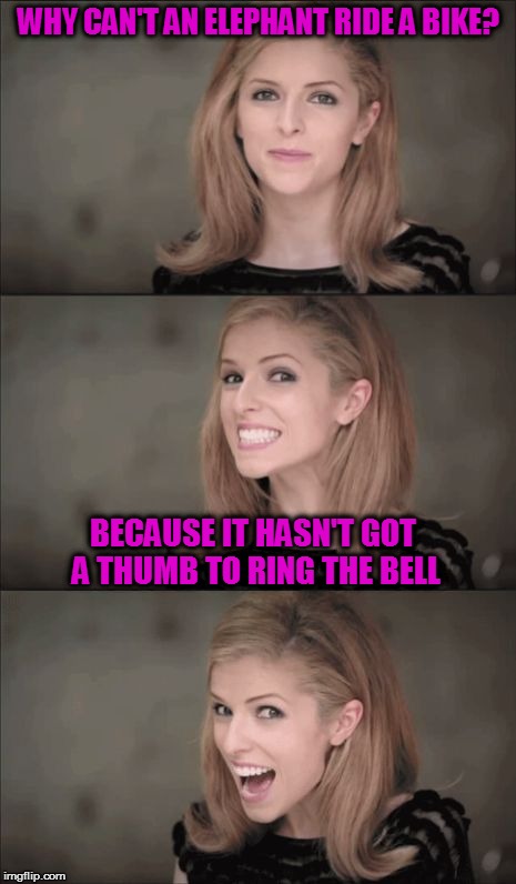 Bad Pun Anna Kendrick Meme | WHY CAN'T AN ELEPHANT RIDE A BIKE? BECAUSE IT HASN'T GOT A THUMB TO RING THE BELL | image tagged in memes,bad pun anna kendrick | made w/ Imgflip meme maker