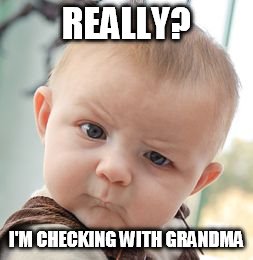 Skeptical Baby | REALLY? I'M CHECKING WITH GRANDMA | image tagged in memes,skeptical baby | made w/ Imgflip meme maker