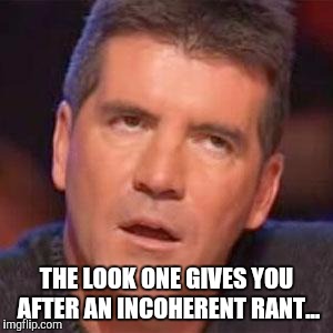 simon cowell | THE LOOK ONE GIVES YOU AFTER AN INCOHERENT RANT... | image tagged in simon cowell | made w/ Imgflip meme maker