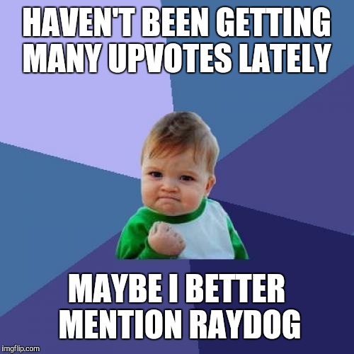 Success Kid | HAVEN'T BEEN GETTING MANY UPVOTES LATELY; MAYBE I BETTER MENTION RAYDOG | image tagged in memes,success kid | made w/ Imgflip meme maker