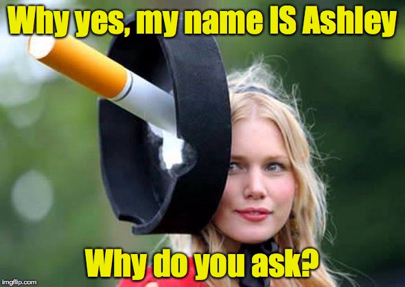 Some girls can be real buttheads | Why yes, my name IS Ashley; Why do you ask? | image tagged in funny hat | made w/ Imgflip meme maker