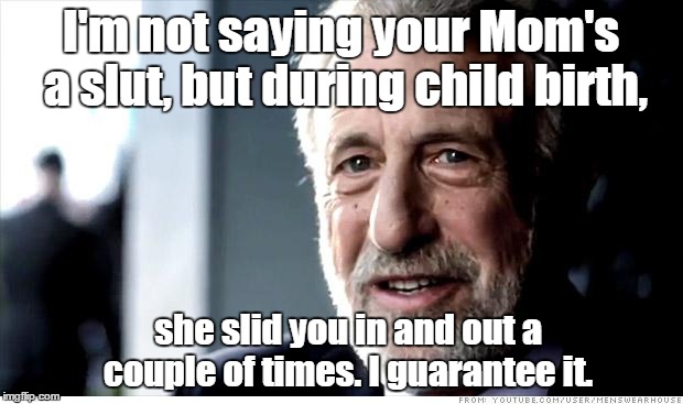 I Guarantee It Meme | I'm not saying your Mom's a slut, but during child birth, she slid you in and out a couple of times. I guarantee it. | image tagged in memes,i guarantee it | made w/ Imgflip meme maker