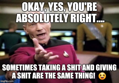 Picard Wtf | OKAY, YES, YOU'RE ABSOLUTELY RIGHT.... SOMETIMES TAKING A SHIT AND GIVING A SHIT ARE THE SAME THING!  😀 | image tagged in memes,picard wtf | made w/ Imgflip meme maker