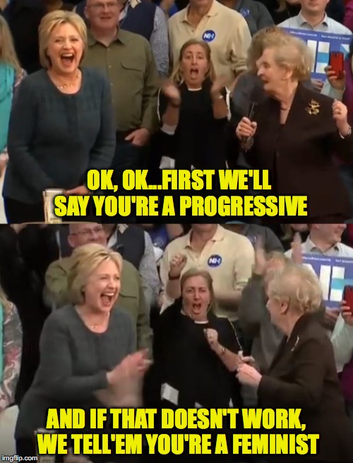 Hillary's First Campaign Meeting | OK, OK...FIRST WE'LL SAY YOU'RE A PROGRESSIVE; AND IF THAT DOESN'T WORK, WE TELL'EM YOU'RE A FEMINIST | image tagged in hillary,albright | made w/ Imgflip meme maker