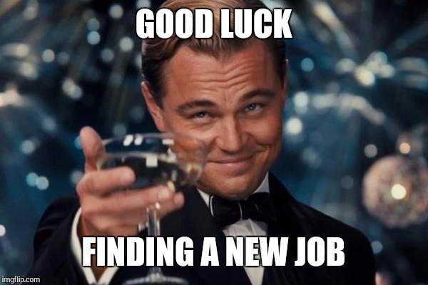 Leonardo Dicaprio Cheers Meme | GOOD LUCK FINDING A NEW JOB | image tagged in memes,leonardo dicaprio cheers | made w/ Imgflip meme maker