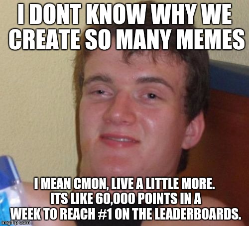 10 Guy | I DONT KNOW WHY WE CREATE SO MANY MEMES; I MEAN CMON, LIVE A LITTLE MORE. ITS LIKE 60,000 POINTS IN A WEEK TO REACH #1 ON THE LEADERBOARDS. | image tagged in memes,10 guy | made w/ Imgflip meme maker