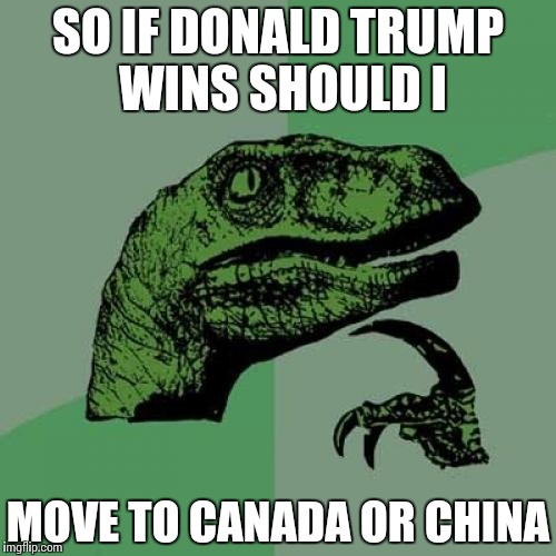 Philosoraptor | SO IF DONALD TRUMP WINS SHOULD I; MOVE TO CANADA OR CHINA | image tagged in memes,philosoraptor | made w/ Imgflip meme maker