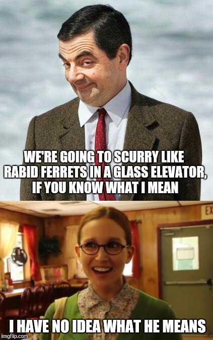 WE'RE GOING TO SCURRY LIKE RABID FERRETS IN A GLASS ELEVATOR, IF YOU KNOW WHAT I MEAN; I HAVE NO IDEA WHAT HE MEANS | image tagged in memes,mr bean,sexually oblivious girlfriend | made w/ Imgflip meme maker