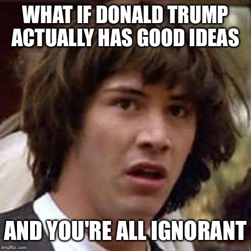 Conspiracy Keanu | WHAT IF DONALD TRUMP ACTUALLY HAS GOOD IDEAS; AND YOU'RE ALL IGNORANT | image tagged in memes,conspiracy keanu,donald trump | made w/ Imgflip meme maker