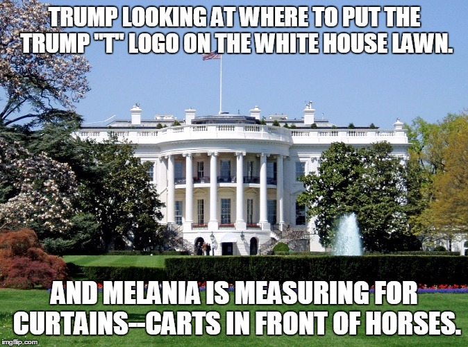 White House | TRUMP LOOKING AT WHERE TO PUT THE TRUMP "T" LOGO ON THE WHITE HOUSE LAWN. AND MELANIA IS MEASURING FOR CURTAINS--CARTS IN FRONT OF HORSES. | image tagged in white house | made w/ Imgflip meme maker
