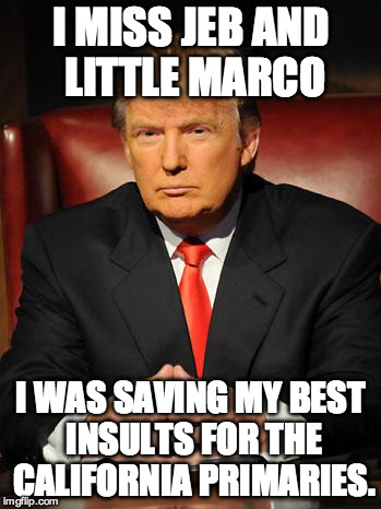 Serious Trump | I MISS JEB AND LITTLE MARCO; I WAS SAVING MY BEST INSULTS FOR THE CALIFORNIA PRIMARIES. | image tagged in serious trump | made w/ Imgflip meme maker