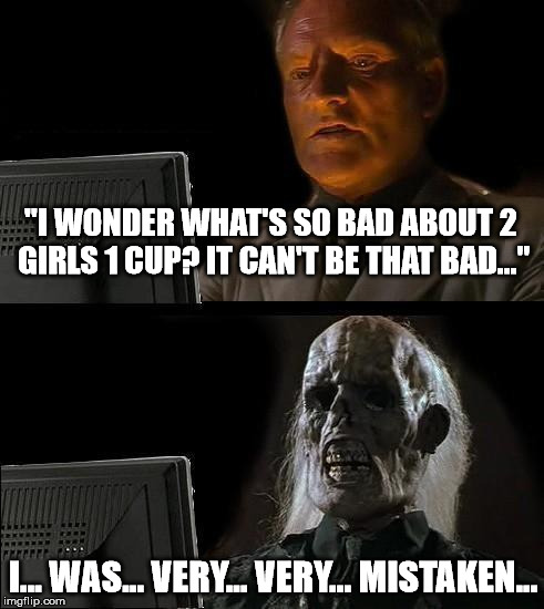 What's so bad about "2 Girls 1Cup"
I'll regret these words for ever | "I WONDER WHAT'S SO BAD ABOUT 2 GIRLS 1 CUP? IT CAN'T BE THAT BAD..."; I... WAS... VERY... VERY... MISTAKEN... | image tagged in memes,ill just wait here | made w/ Imgflip meme maker