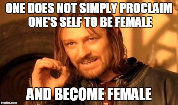 One Does Not Simply Meme | ONE DOES NOT SIMPLY PROCLAIM ONE'S SELF TO BE FEMALE AND BECOME FEMALE | image tagged in memes,one does not simply | made w/ Imgflip meme maker