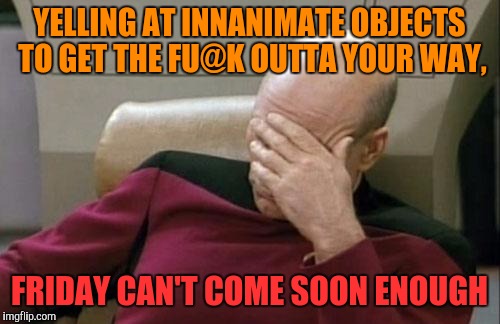 Fu@k this week! I wanna go home. | YELLING AT INNANIMATE OBJECTS TO GET THE FU@K OUTTA YOUR WAY, FRIDAY CAN'T COME SOON ENOUGH | image tagged in memes,captain picard facepalm | made w/ Imgflip meme maker