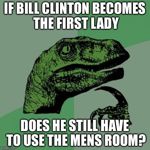 Philosoraptor | IF BILL CLINTON BECOMES THE FIRST LADY; DOES HE STILL HAVE TO USE THE MENS ROOM? | image tagged in memes,philosoraptor,AdviceAnimals | made w/ Imgflip meme maker