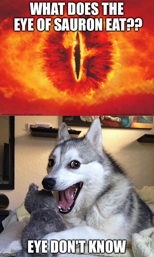 Eye be like | WHAT DOES THE EYE OF SAURON EAT?? EYE DON'T KNOW | image tagged in too funny | made w/ Imgflip meme maker