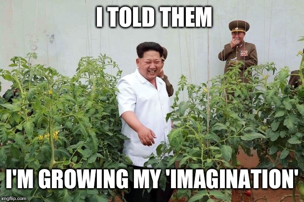 The leader seen helping people at the 'grassroots' | I TOLD THEM; I'M GROWING MY 'IMAGINATION' | image tagged in weed,kim jong un,funny,lol,owned,leader | made w/ Imgflip meme maker