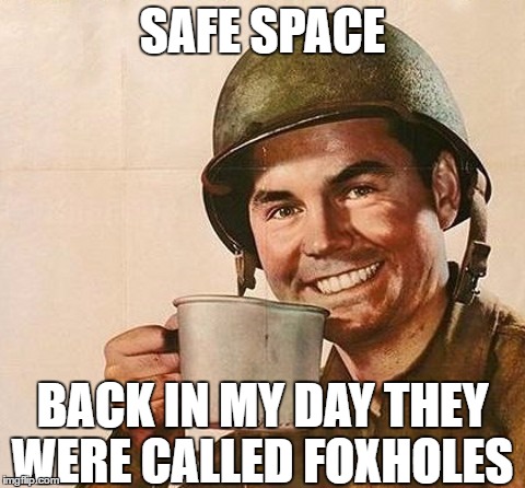 Veteran Nation | SAFE SPACE; BACK IN MY DAY THEY WERE CALLED FOXHOLES | image tagged in veteran nation | made w/ Imgflip meme maker