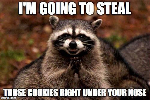 Evil Plotting Raccoon Meme | I'M GOING TO STEAL; THOSE COOKIES RIGHT UNDER YOUR NOSE | image tagged in memes,evil plotting raccoon | made w/ Imgflip meme maker