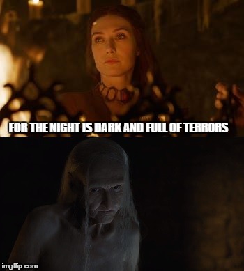 melisandre | FOR THE NIGHT IS DARK AND FULL OF TERRORS | image tagged in melisandre | made w/ Imgflip meme maker