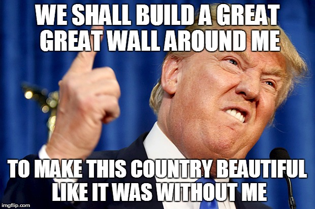 Donald Trump | WE SHALL BUILD A GREAT GREAT WALL AROUND ME; TO MAKE THIS COUNTRY BEAUTIFUL LIKE IT WAS WITHOUT ME | image tagged in donald trump | made w/ Imgflip meme maker