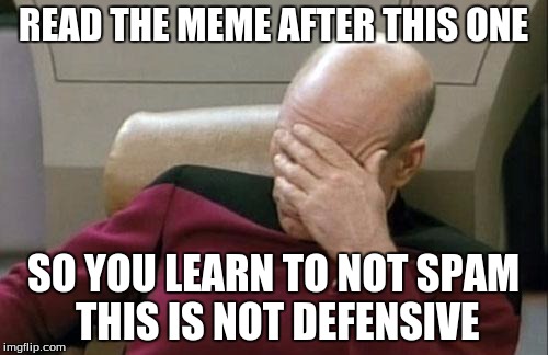 READ THE MEME AFTER THIS ONE SO YOU LEARN TO NOT SPAM THIS IS NOT DEFENSIVE | image tagged in memes,captain picard facepalm | made w/ Imgflip meme maker