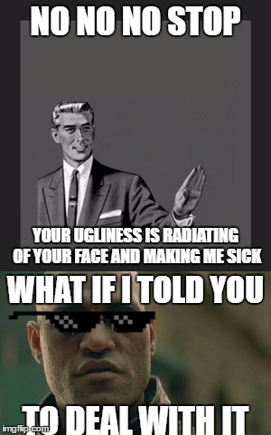 Dealing With The Trolls | NO NO NO STOP; YOUR UGLINESS IS RADIATING OF YOUR FACE AND MAKING ME SICK; WHAT IF I TOLD YOU; TO DEAL WITH IT | image tagged in matrix morpheus,kill yourself guy,stop,deal with it,should of been grumpy cat | made w/ Imgflip meme maker