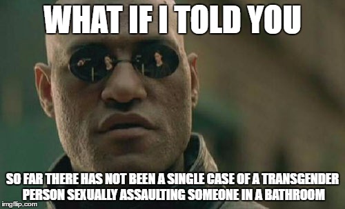 Matrix Morpheus | WHAT IF I TOLD YOU; SO FAR THERE HAS NOT BEEN A SINGLE CASE OF A TRANSGENDER PERSON SEXUALLY ASSAULTING SOMEONE IN A BATHROOM | image tagged in memes,matrix morpheus | made w/ Imgflip meme maker