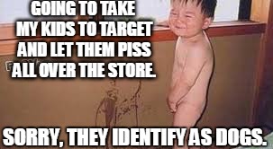 Sorry Target | GOING TO TAKE MY KIDS TO TARGET AND LET THEM PISS ALL OVER THE STORE. SORRY, THEY IDENTIFY AS DOGS. | image tagged in target,bathroom transgender,pee | made w/ Imgflip meme maker