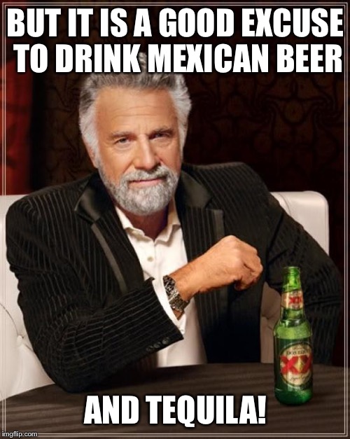 The Most Interesting Man In The World Meme | BUT IT IS A GOOD EXCUSE TO DRINK MEXICAN BEER AND TEQUILA! | image tagged in memes,the most interesting man in the world | made w/ Imgflip meme maker