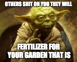 yoda | OTHERS SHIT ON YOU THEY WILL; FERTILIZER FOR YOUR GARDEN THAT IS | image tagged in yoda | made w/ Imgflip meme maker