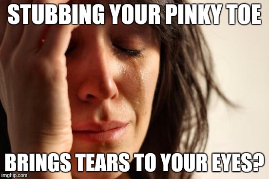 First World Problems | STUBBING YOUR PINKY TOE; BRINGS TEARS TO YOUR EYES? | image tagged in memes,first world problems | made w/ Imgflip meme maker